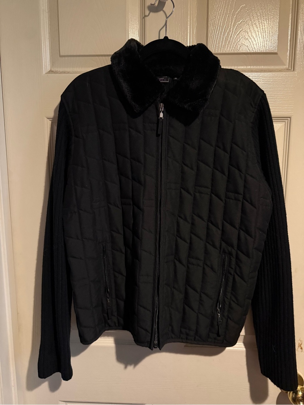 Black Quilted Jacket with Faux Fur Collar